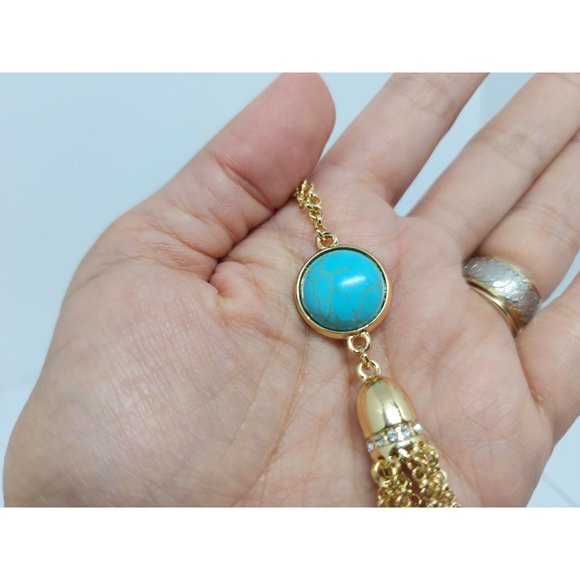 New Chico's Moon stone turquoise tassel white pearl necklace - Picture 4 of 9